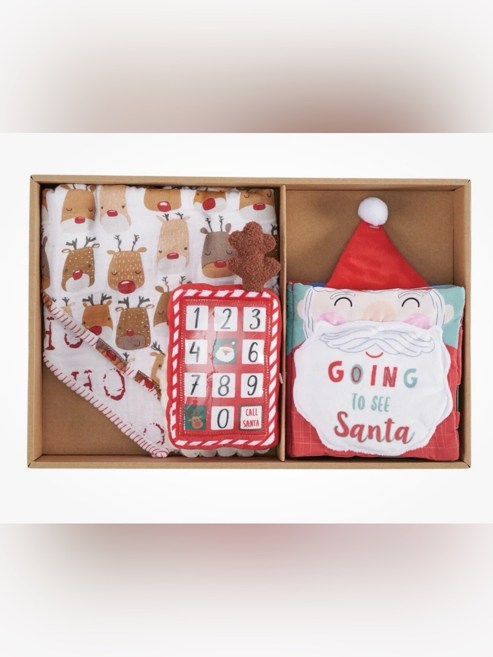NWT Mud Pie Baby 4 Piece Christmas Gift Set Bibs Cloth Book Plush Phone SANTA